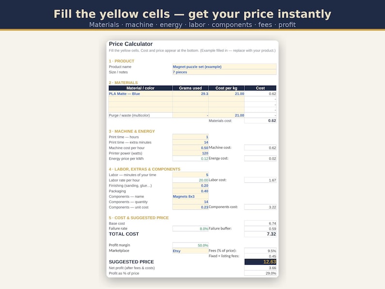 May include: A digital price calculator spreadsheet template with a white background and yellow input cells. The document includes sections for product details, materials, machine and energy costs, labor, components, and a final suggested price calculation.