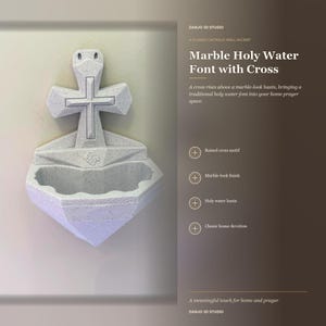 May include: A wall-mounted holy water font featuring a raised cross motif and a basin with a speckled marble-look finish. The object displays the text DANJO 3D STUDIO, A CLASSIC CATHOLIC WALL ACCENT, Marble Holy Water Font with Cross, and listed features.