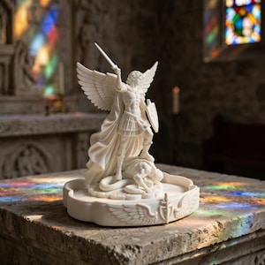May include: A white marble-style statue of an angel with large wings, wearing armor and holding a sword raised high while standing over a defeated figure. The base is circular with carved wing and shield details on the front edge.