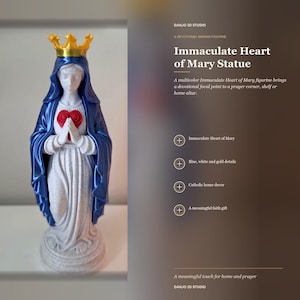 May include: A statue of the Immaculate Heart of Mary featuring a white textured robe, a metallic blue veil, and a gold crown. The figure has hands clasped in prayer over a red heart. The text on the side reads Immaculate Heart of Mary Statue.