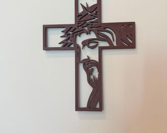 Cruz com desenho linear do rosto de Jesus | Recorte em madeira de jacarandá, decoração de parede católica impressa em 3D (3 tamanhos)