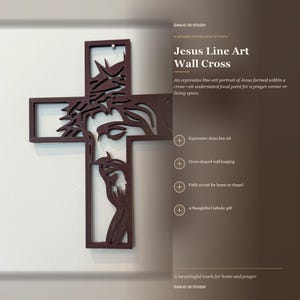 May include: A dark brown, cross-shaped wall hanging featuring intricate line art that forms the portrait of Jesus. The design is contained within a rectangular frame, showcasing a stylized depiction of a face with a crown of thorns.