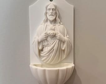 Sacred Heart Jesus Holy Water Font | 3D Printed Catholic Home Blessing Alabaster White