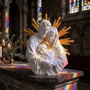 May include: A white marble-style sculpture of the Holy Family featuring a man, a woman, and a child embraced together. The figures are positioned in front of a gold-colored sunburst halo, and the child has a small gold halo above their head.