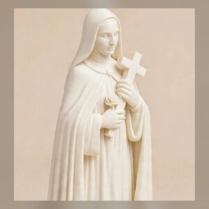 May include: A cream-colored statue of a figure wearing a hooded robe and a cloak. The figure holds a plain cross in one hand and a single rose in the other. The sculpture features smooth, matte surfaces and detailed folds in the fabric of the garment.