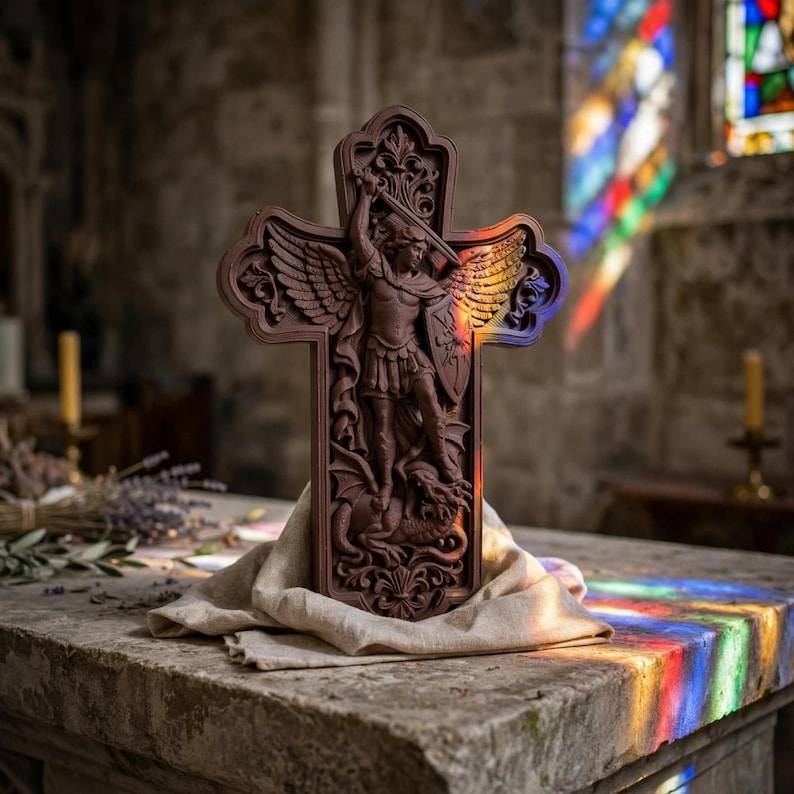 May include: A dark brown wooden cross featuring a detailed relief carving of an angel with wings holding a sword and shield while standing over a dragon. The cross is draped in a light beige fabric cloth and displays intricate scrollwork patterns.