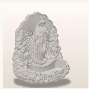 May include: A matte white wall-mounted holy water font featuring a central relief of a crowned figure with hands clasped in prayer, surrounded by sculpted clouds, sunburst rays, and cherub faces, with a basin at the base for holding liquid.