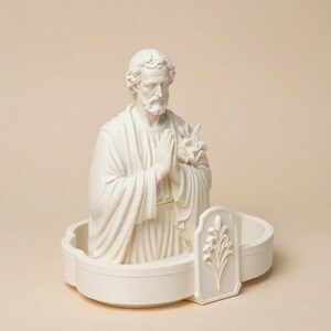May include: A cream-colored figurine of a bearded man with hands clasped in prayer, wearing draped robes and holding a lily. The figure is set within a low, oval-shaped basin featuring a raised, rectangular panel decorated with a floral relief design.