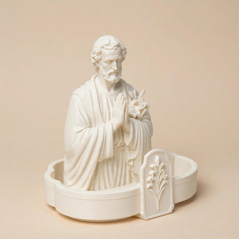 May include: A cream-colored figurine of a bearded man with hands clasped in prayer, wearing draped robes and holding a lily. The figure is set within a low, oval-shaped basin featuring a raised, rectangular panel decorated with a floral relief design.