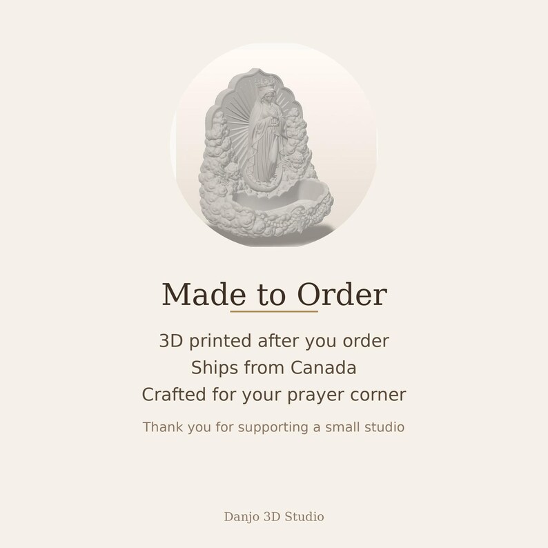 May include: A light gray 3D printed wall-mounted holy water font featuring a central figure of the Virgin Mary standing on a crescent moon, surrounded by clouds and rays of light, with a scalloped shell-shaped basin at the bottom.