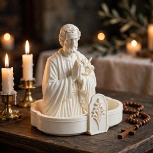 May include: A cream-colored resin statue of a bearded man with hands clasped in prayer, wearing draped robes. The figure is set within a matching circular base featuring a raised floral relief design on the front, accompanied by wooden prayer beads.
