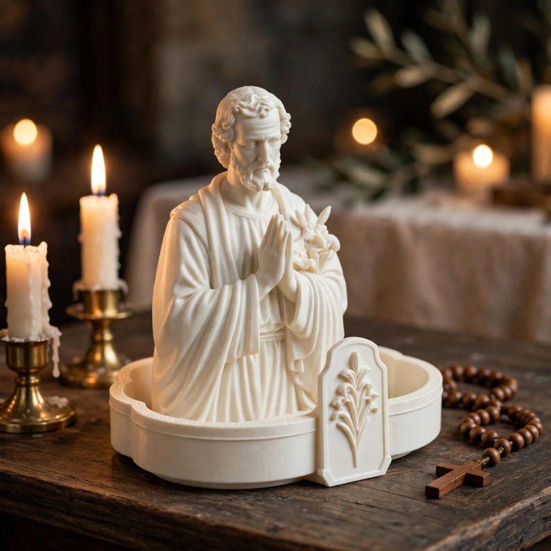 May include: A cream-colored resin statue of a bearded man with hands clasped in prayer, wearing draped robes. The figure is set within a matching circular base featuring a raised floral relief design on the front, accompanied by wooden prayer beads.