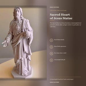 May include: A light-colored, stone-textured statue of Jesus Christ featuring the Sacred Heart on the chest and holding a globe topped with a cross. The figure wears draped robes and stands on a hexagonal base. Text includes DANJO 3D STUDIO.