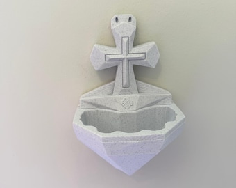 Pia de Água Benta em Mármore Impressa em 3D com Cruz | Bênção Católica de Parede com Aparência de Pedra