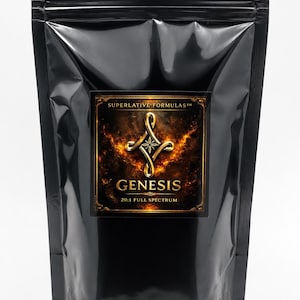 May include: A black stand-up pouch with a central rectangular label. The label features the text SUPERLATIVE FORMULAS, GENESIS, and 20:1 FULL SPECTRUM, accompanied by a gold, glowing, abstract knot-like emblem against a fiery orange background.