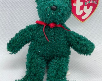 Mini Beanie Baby Bear, Green 2001 Holiday Bear.