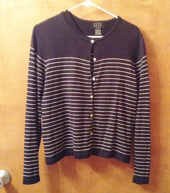 City Silk sweater set in B/W stripes.