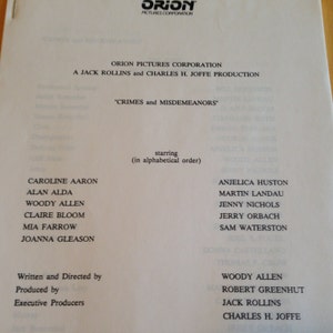 Movie press kit, Crimes and Misdemeaners. Woody Allen.