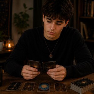 A young man in a black long-sleeve shirt sits at a wooden table in a dimly lit room, holding two tarot cards above a row of face-down cards and a lit lantern.