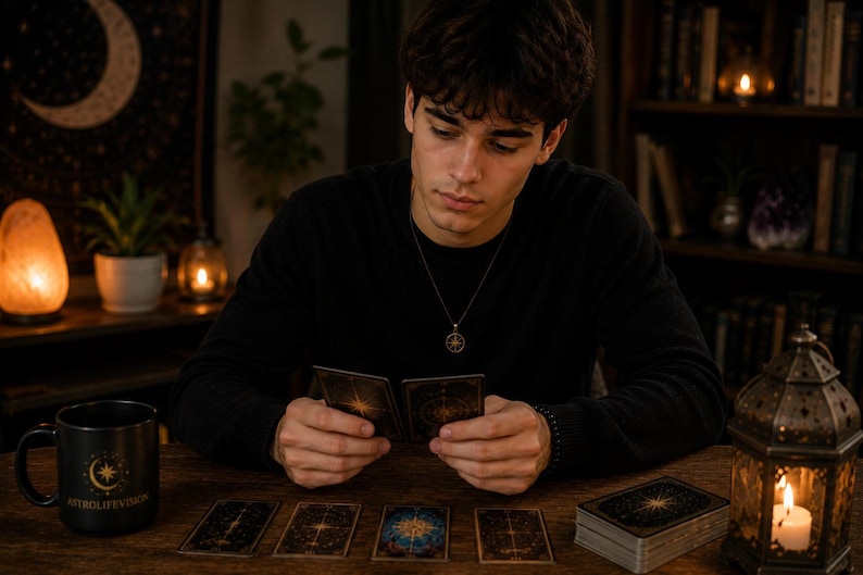 A young man in a black long-sleeve shirt sits at a wooden table in a dimly lit room, holding two tarot cards above a row of face-down cards and a lit lantern.