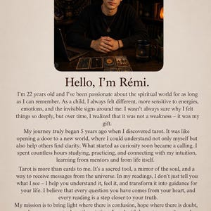 An informational graphic featuring a photo of a young man at a tarot-littered desk above text that introduces him as Remi and describes his background with tarot and spirituality.