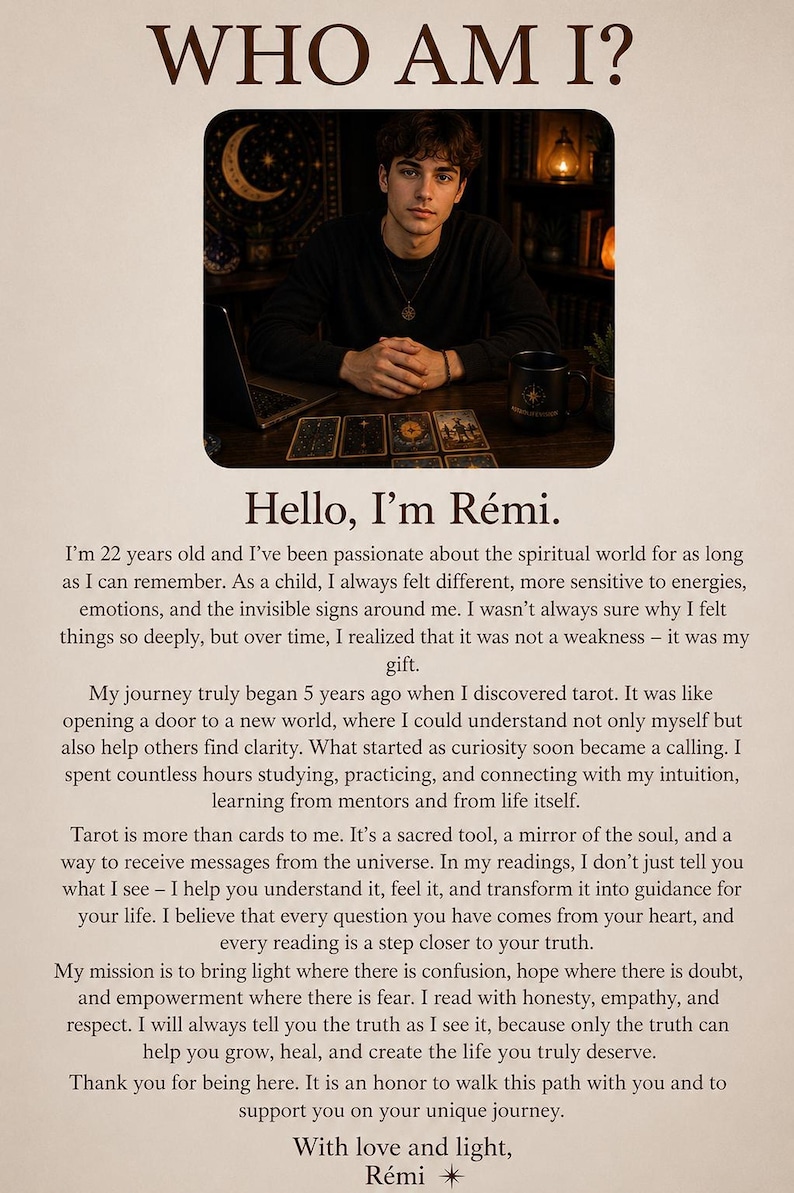 An informational graphic featuring a photo of a young man at a tarot-littered desk above text that introduces him as Remi and describes his background with tarot and spirituality.