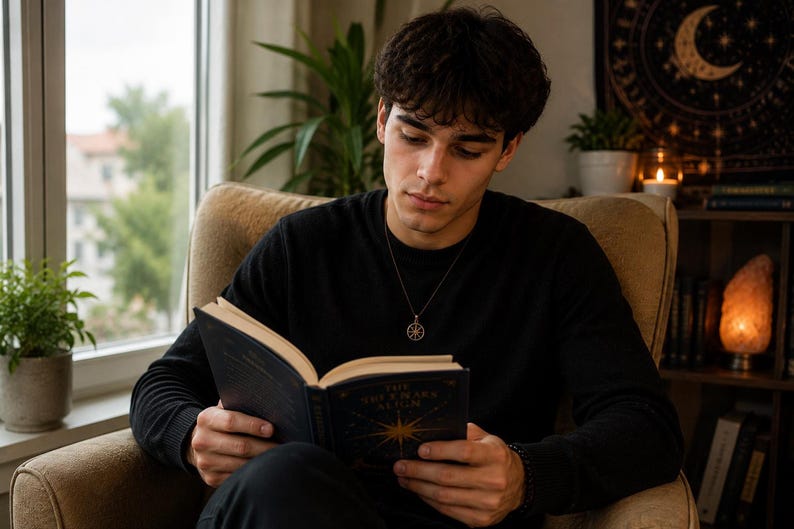 A young man in a black long-sleeve shirt sits in an armchair by a window reading an open book.