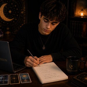 A young man in a black long-sleeve shirt sits at a desk at night writing in a notebook, with tarot cards, a laptop, and lit candles surrounding him.