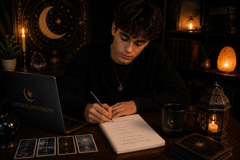 A young man in a black long-sleeve shirt sits at a desk at night writing in a notebook, with tarot cards, a laptop, and lit candles surrounding him.