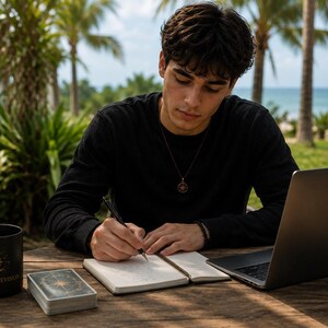 A young man in a black long-sleeve shirt sits at an outdoor wooden table with a laptop and a deck of cards, writing in an open notebook.