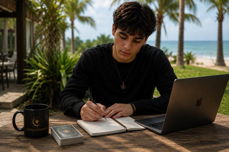A young man in a black long-sleeve shirt sits at an outdoor wooden table with a laptop and a deck of cards, writing in an open notebook.