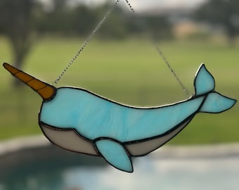 Stained Glass Narwhal Suncatcher | Handmade Ocean Window Hanging | Coastal Decor | Sea Life Gift | Whimsical Stained Glass Art