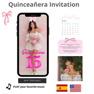 May include: A digital Quinceañera invitation template featuring a smartphone display with a pink theme, a calendar for July, a countdown timer, and text in Spanish. The design includes pink bows, a floral bouquet graphic, and music playback options.