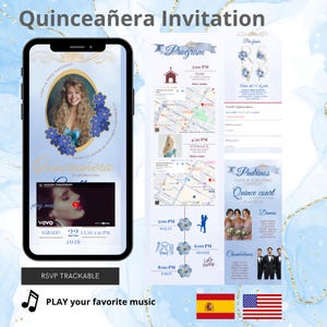 Peut inclure: Une invitation numérique pour Quinceañera affichée sur un écran de smartphone et une mise en page verticale, avec des accents floraux bleus, une photo d'une jeune personne, des cartes d'événements, un lecteur vidéo et une liste de membres.