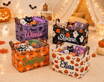 Personalized Name Halloween Basket, Custom Halloween Storage Bin, Pumpkin Ghost Print Kids Candy Basket, Halloween Gift For Boys Girls