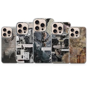 May include: Five clear phone cases featuring collage-style designs with dragon illustrations, castle silhouettes, and text snippets including the words Fourth Wing. The cases display various dark, moody, and parchment-toned graphic elements.