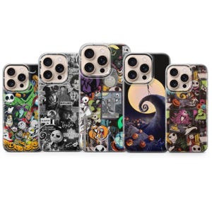 May include: Five smartphone cases featuring various Tim Burton character graphics. The designs include collage patterns with Jack Skellington, Beetlejuice, and Corpse Bride imagery, alongside a scene of a hill silhouetted against a large yellow moon.