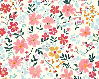 Tela con estampado floral pastel de margaritas rosas, naranjas y azules, estilo preppy. Tela 100% algodón. Disponible por medio metro.