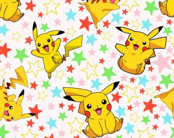 Pikachu Fabric Pokemon Character Fabric Bright Multi Colored Star Fabric Anime Fabric 100% Cotton Fabric By The Half Yard