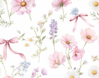 Tecido de flores silvestres, tecido de cosmos em aquarela, tecido de lavanda, tecido com laços, tecido floral, tecido 100% algodão vendido por meio metro.