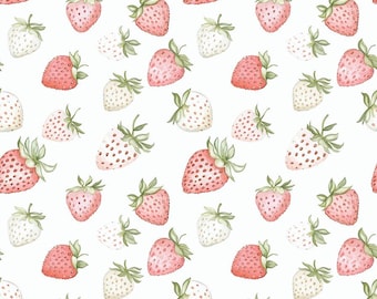 Tecido de morango vermelho e branco, tecido de frutas em tons pastel, tecido para quarto de menina, tecido para costura de vestidos, tecido 100% algodão vendido por meio metro.