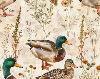 Tela de patos ánade real, tela de flores silvestres, tela estilo cottage core, tela de aves acuáticas de humedales, tela de vida silvestre de granja, tela 100% algodón por medio metro.