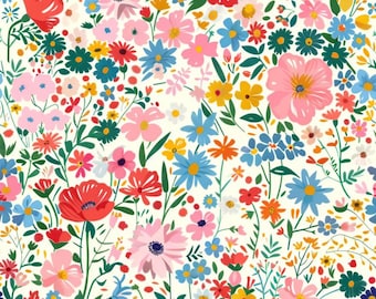 Tela de flores silvestres arcoíris vibrantes, tela de flores rojas y rosas vibrantes, tela floral azul y amarilla, tela 100% algodón por medio metro.