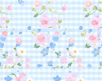 Tela de cuadros vichy con estampado floral, tela de margaritas, tela floral Grandmillennial, tela de flores silvestres en tonos pastel primaverales, tela 100% algodón por medio metro.