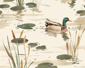 Tela de pato ánade real, tela de nenúfar de loto, tela de espadaña, tela de estanque, tela de junco, tela de aves acuáticas, tela 100% algodón por medio metro.