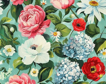 Peony Fabric Hydrangea Fabric Poppy Fabric Mixed Wildflower Fabric Spring Dress Sewing Fabric 100% Cotton Fabric By The Half Yard