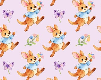 Tecido com estampa de canguru, flor e borboleta, canguru bebê com flores silvestres, tecido de desenho animado, 100% algodão, vendido por meio metro.