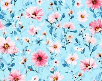 Tecido floral aquarelado com estampa floral miúda, estilo cottagecore, azul celeste claro, perfeito para o verão e para o litoral, 100% algodão, vendido por meio metro.