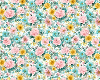 Tecido floral aquarelado miúdo, estilo cottagecore, rosa blush, margaridas turquesa, estampa de primavera, 100% algodão, vendido por meio metro.
