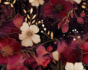 Tecido floral bordô com detalhes dourados, estampa floral em tinta à base de álcool, tecido para vestido, 100% algodão, vendido por meio metro.